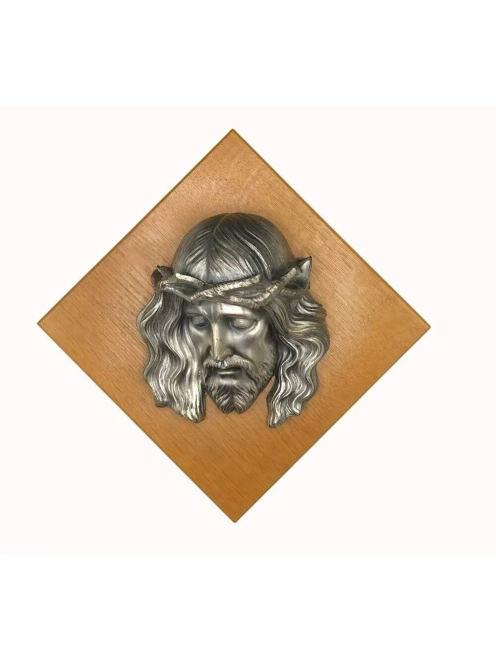 Vintage Jesus wearing Crown of Thorns Pewter on Solid Oak Wall Plaque. 7 x 7 x 3